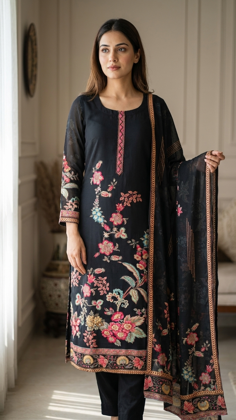 Costume 3 pièces élégant en coton et soie à imprimé floral noir