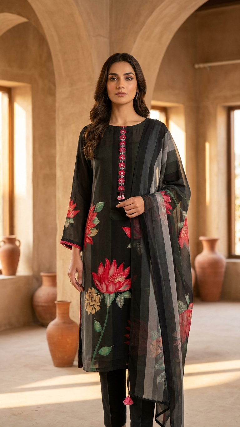 Rayon Silk Blend 3-Piece Suit in Black with Floral Motif and Bead Detailing