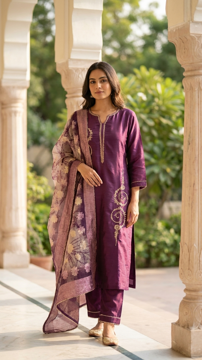Silk Blend 3-Piece Suit in Purple with Gold Tone Embroidery and Floral Tissue Dupatta