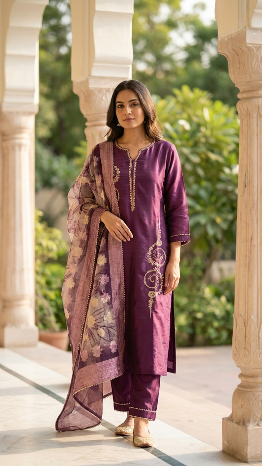 Silk Blend 3-Piece Suit in Purple with Gold Tone Embroidery and Floral Tissue Dupatta