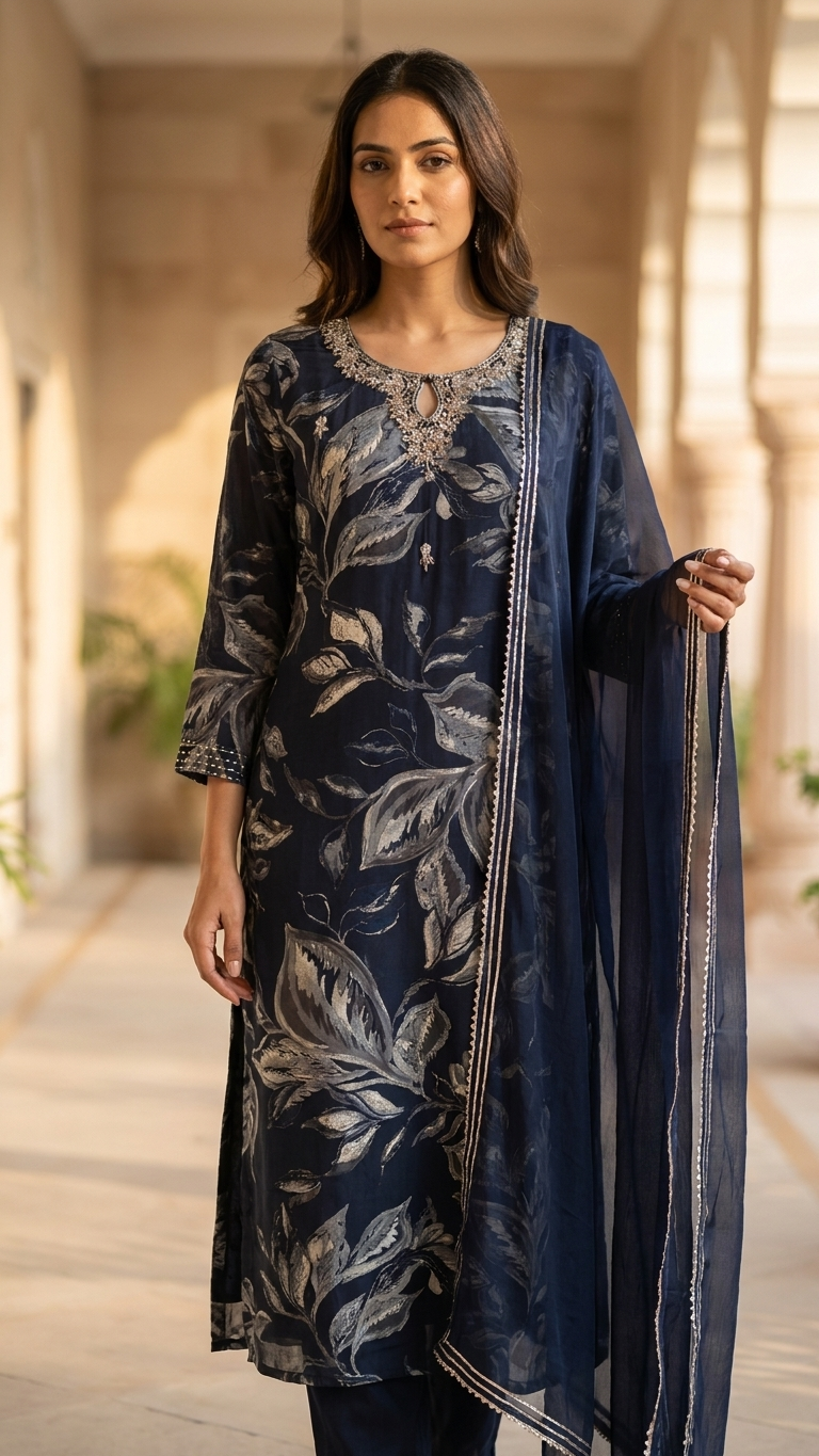 Costume 3 pièces en mélange de crêpe de coton noir avec broderie dabka sur l'empiècement du col