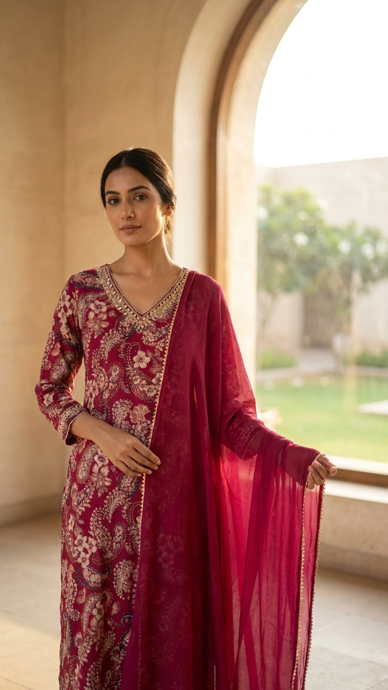 Ensemble 3 pièces en mélange de coton crêpe marron avec dupatta Gotta Kinnari