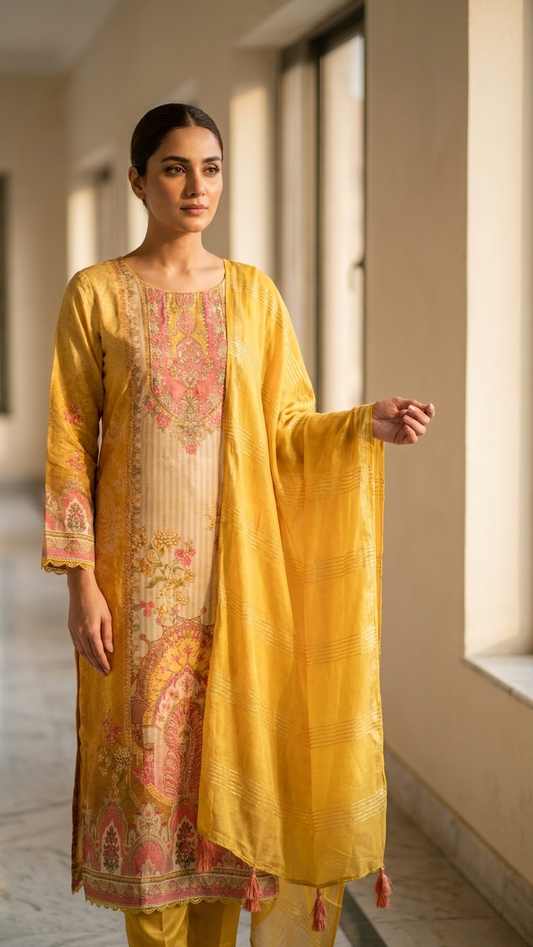 Yellow Chinon Silk 3-Piece Indian Suit with Sequins Dupatta