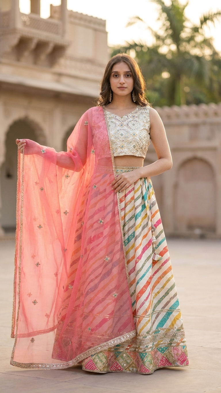 Ensemble Lehenga léger avec choli à sequins sans manches et dupatta en tulle doublé de Gota