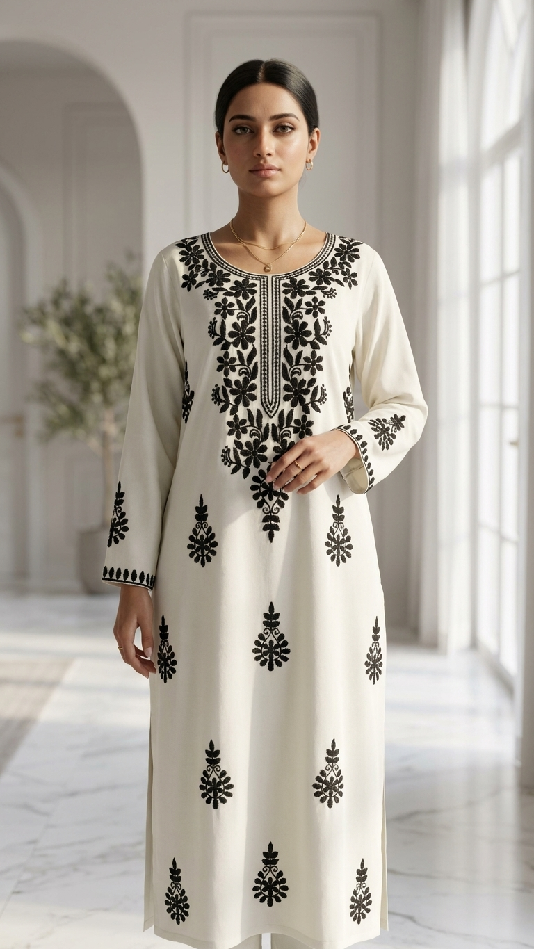 Kurti Premium en Rayonne Chikankari Blanche avec Broderies Contrastantes Faites Main au Fil