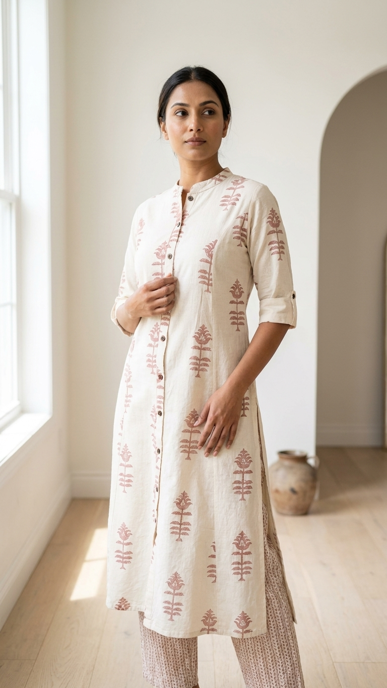 Khadi Cotton Palazzo Set in Beige with Ethnic Motifs