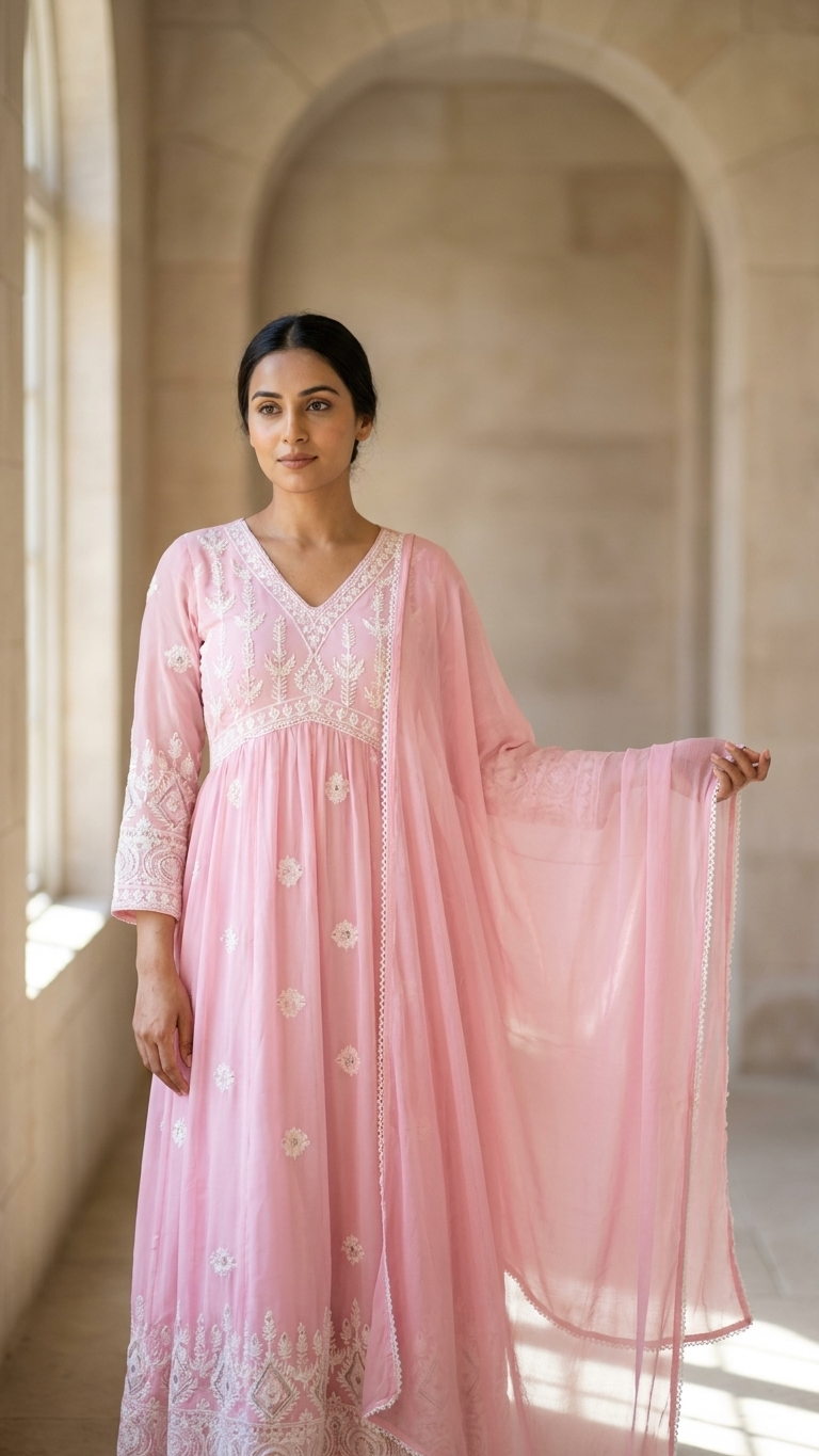 Blush Pink Embroidered Anarkali Suit Set with Chiffon Dupatta | Pakistani Anarkali Dress for Women | Festive, Wedding & Eid Wear
