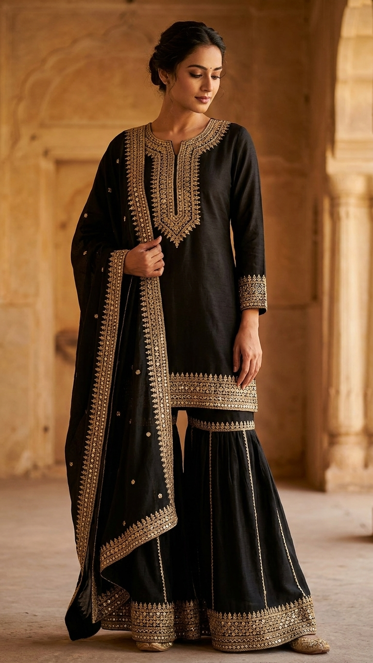Black Embroidered Sharara Suit Set for Women | 3-Piece Pakistani Indian Wedding & Party Wear
