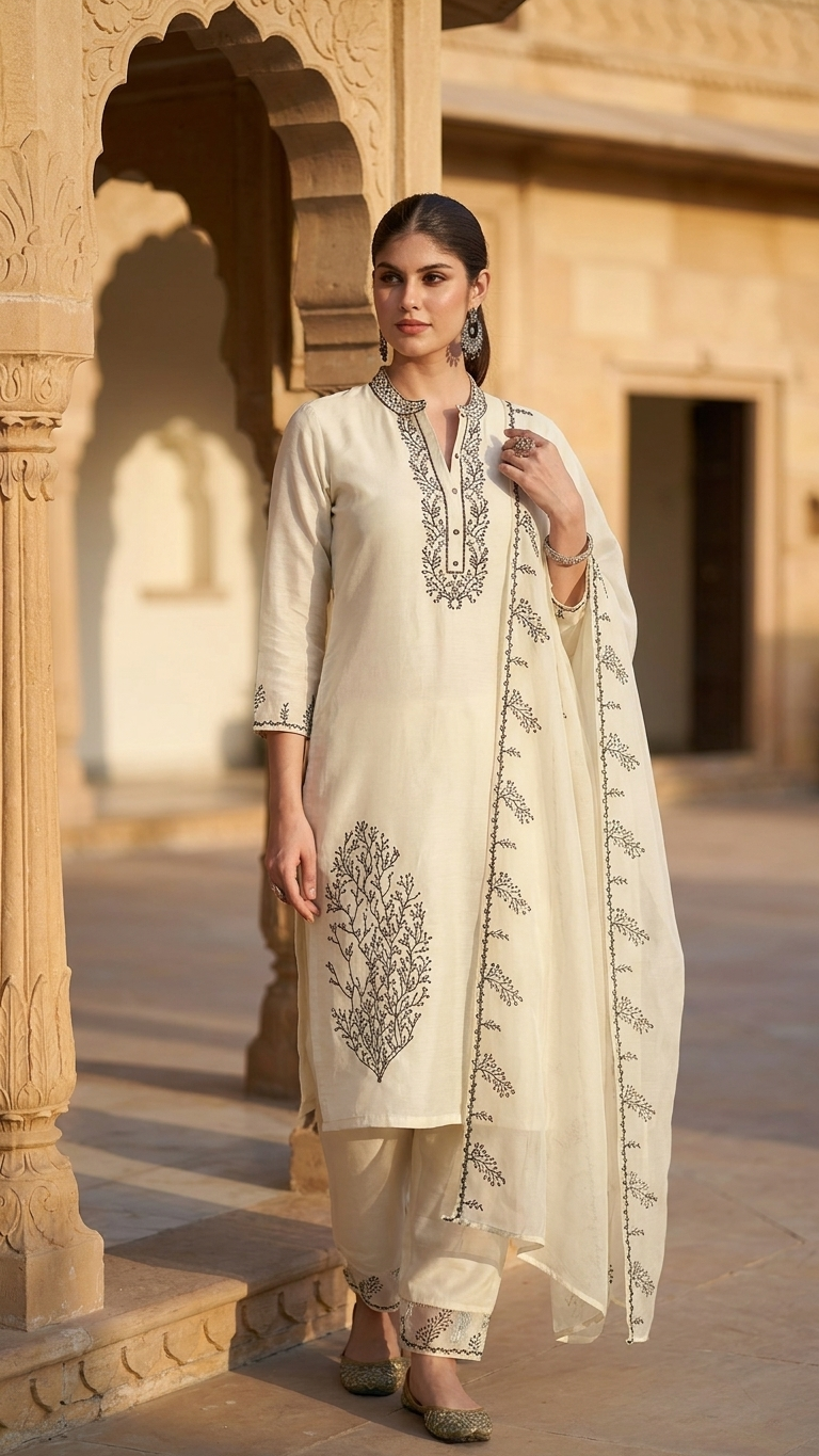 Ensemble 3 pièces en soie russe blanc cassé avec broderie noire et dupatta en organza