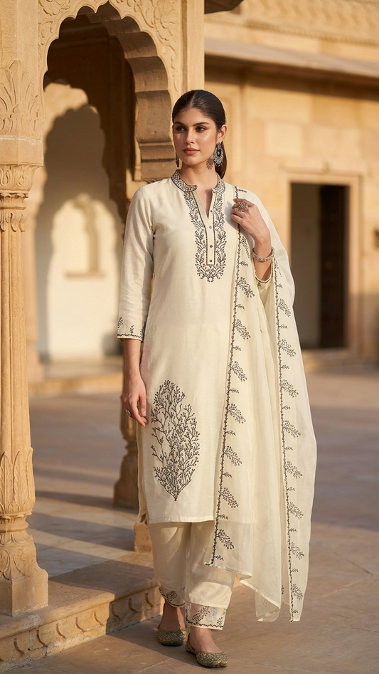 Ensemble 3 pièces en soie russe blanc cassé avec broderie noire et dupatta en organza