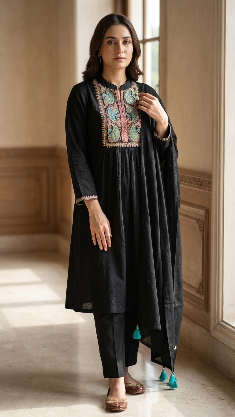 Black Embroidered Pakistani Kurta Set with Dupatta | 3-Piece Ethnic Suit | Festive & Casual Wear for Women