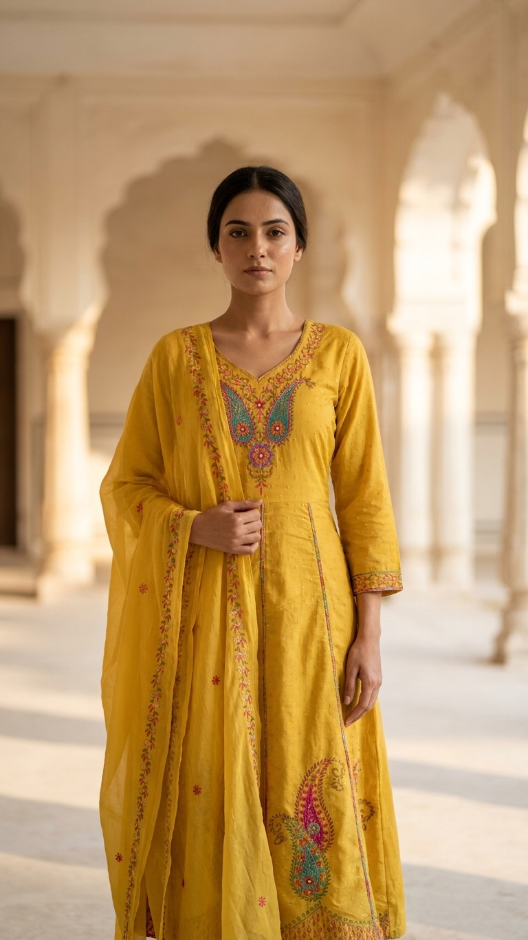 Yellow Anarkali 3-Piece Suit with Ethnic Thread Embroidery and Mul Dupatta