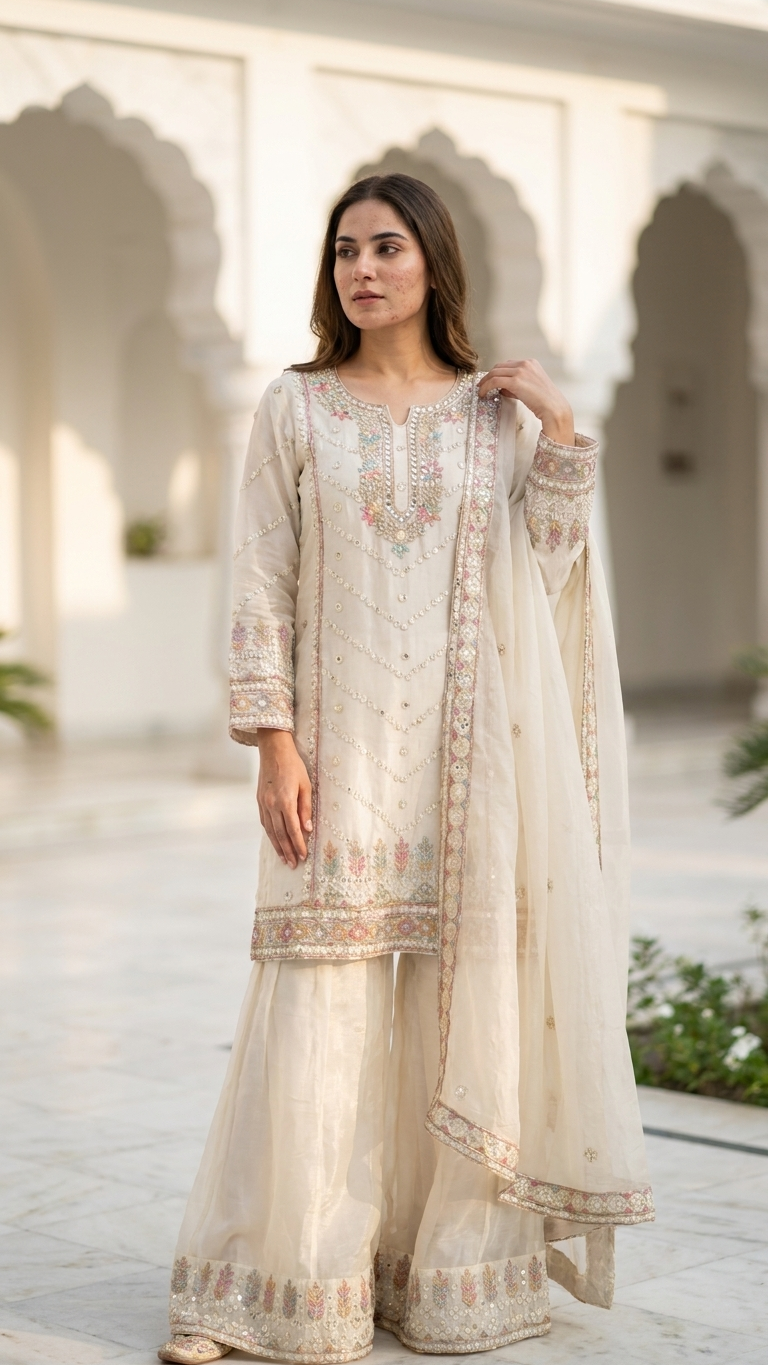 Women's Hand Embroidered Sharara Set | 3 Piece Silk Blend Georgette Ethnic Suit | Wedding Guest Outfit | Festive Indian Pakistani Party Wear