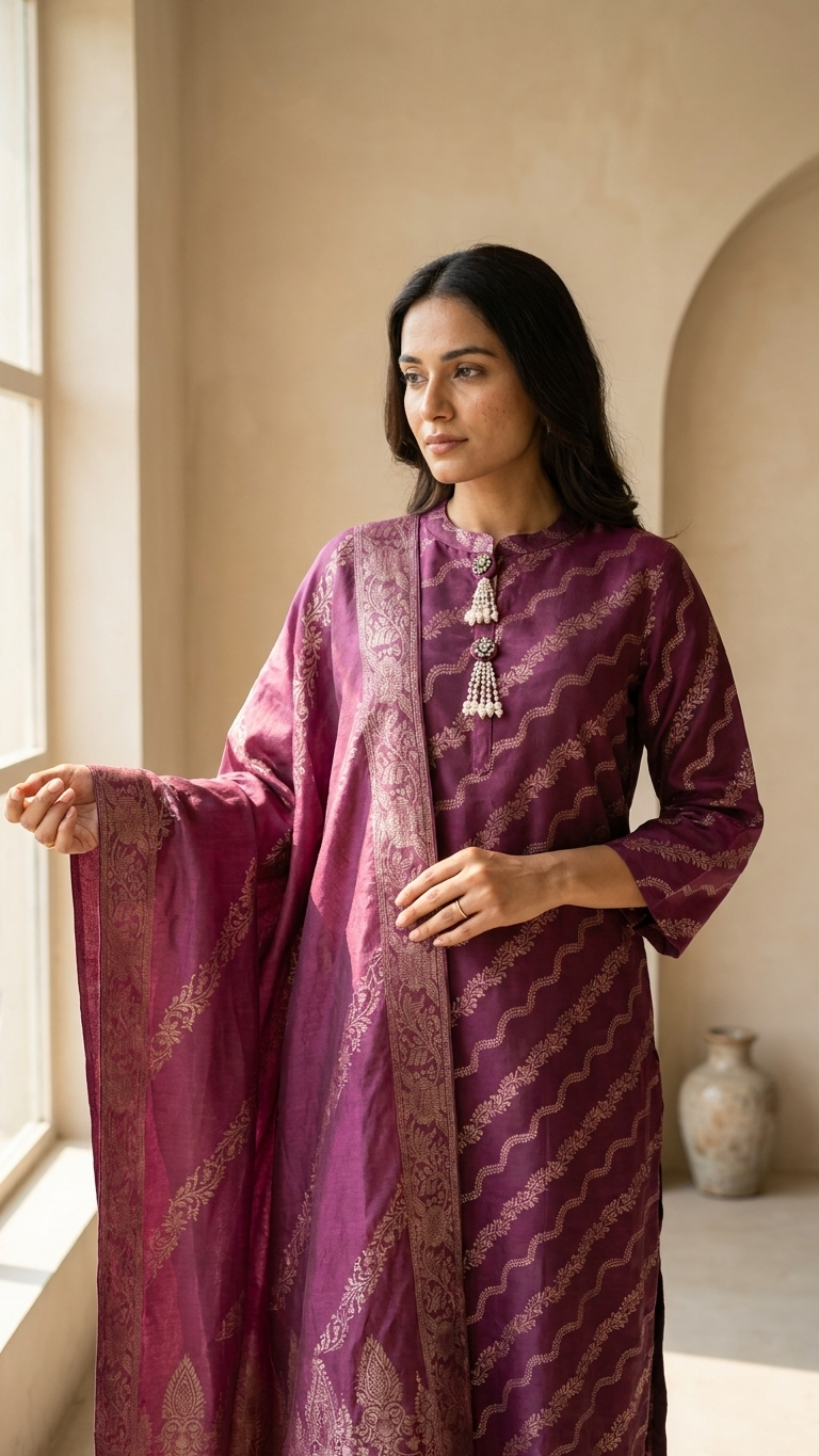 Ensemble 3 pièces en mélange de coton et de soie, rose avec tissage doré