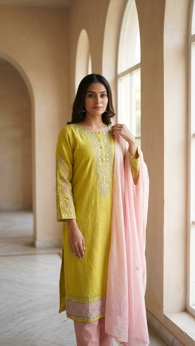 Vibrant Yellow Cotton 3-Piece Suit with Exquisite Detailing and Pastel Peach Dupatta & Bottom