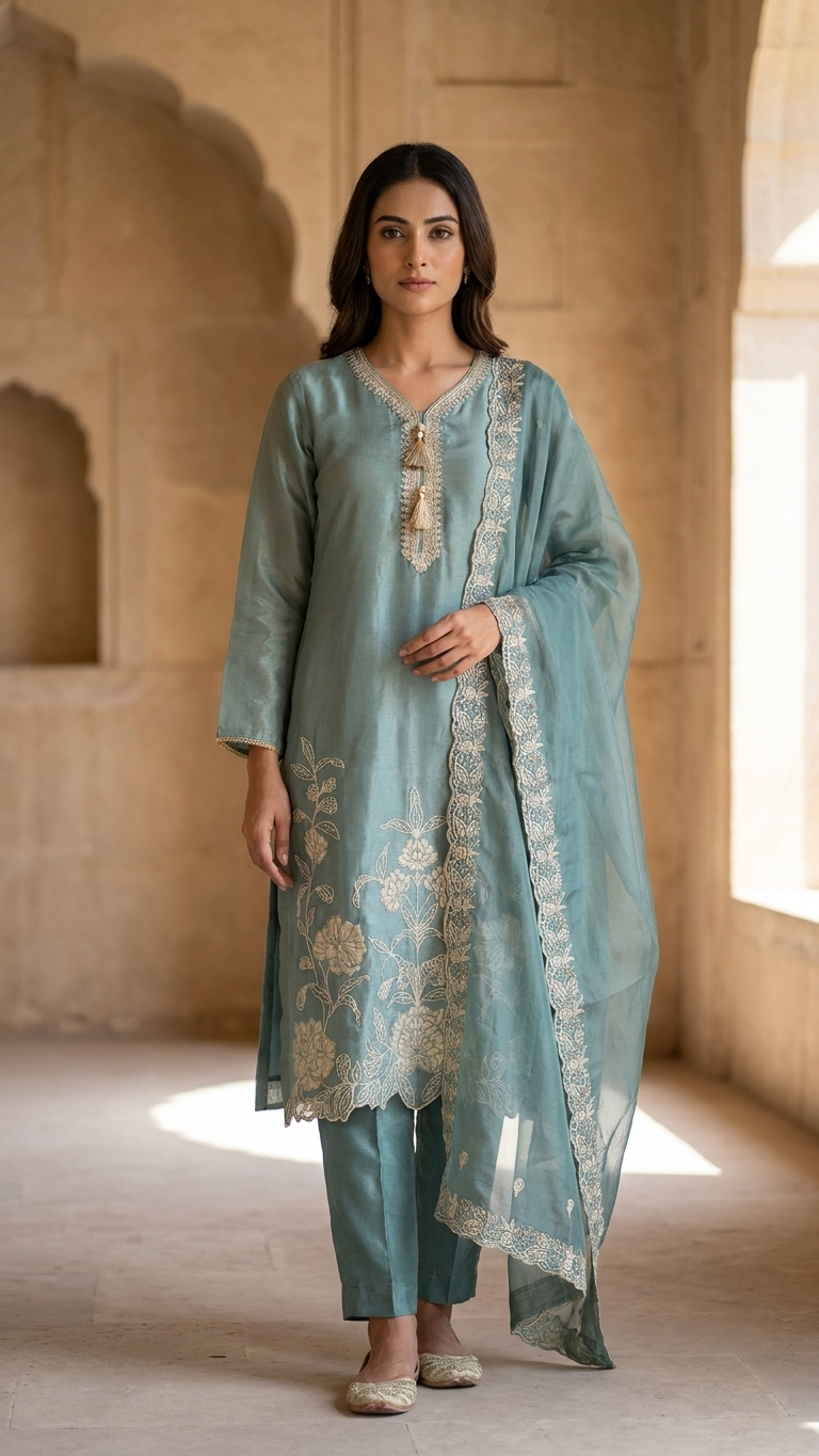 Dusty Blue Embroidered 3-Piece Kurta Set with Dupatta | FestiTrend