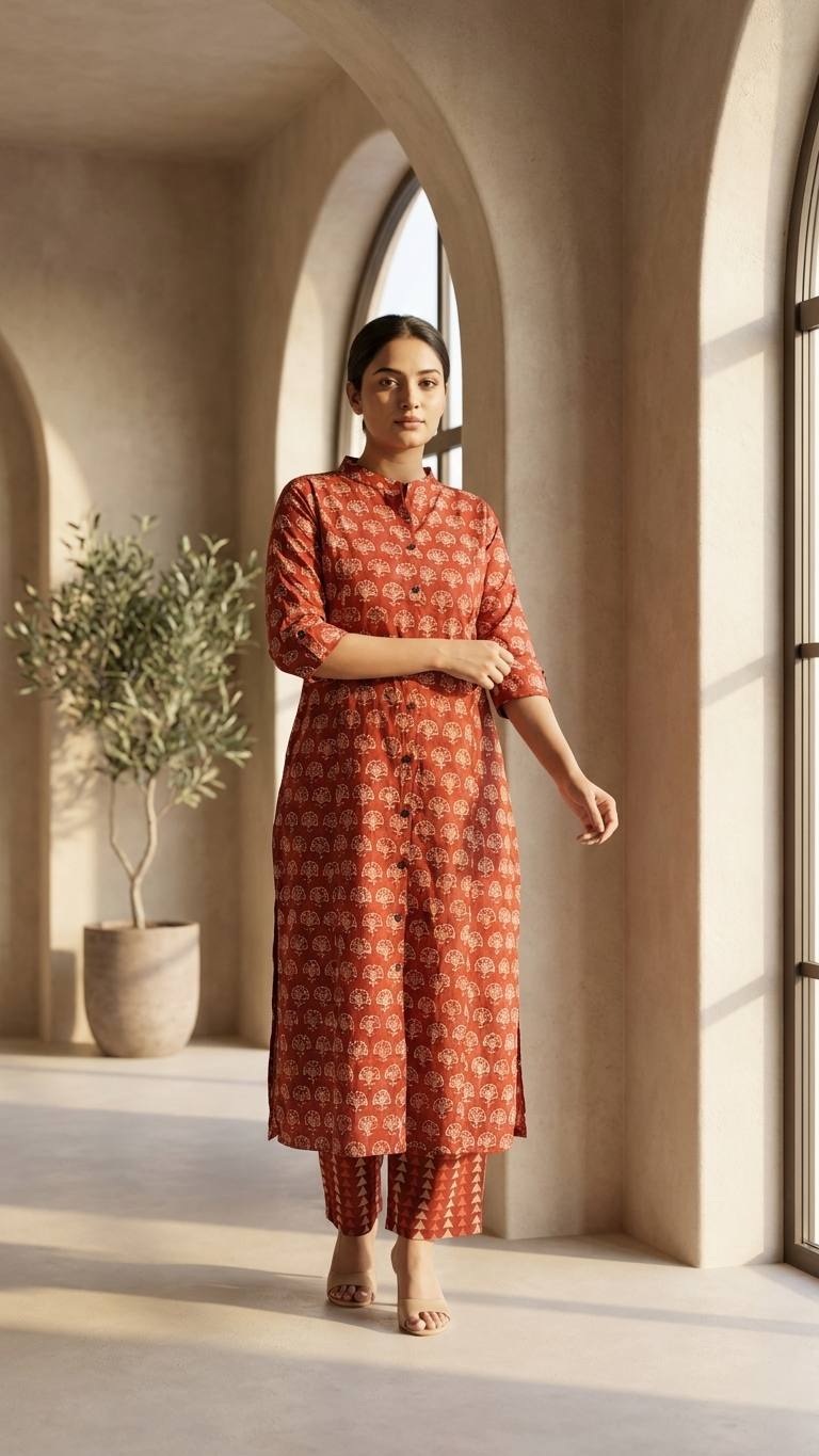 Women's Rust Orange Printed Cotton Kurta Set with Straight Pants | Casual Ethnic Wear | Indian Kurti Set