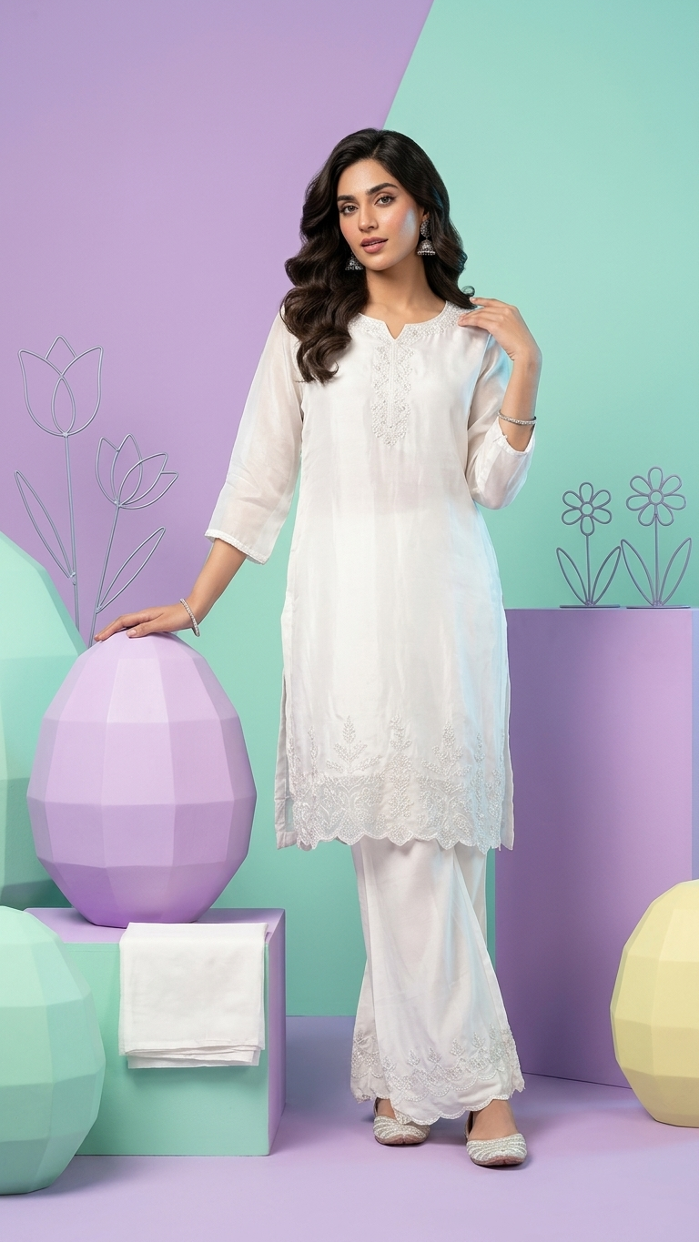 White Embroidered Sharara Set for Women with Dupatta | 3 Piece Indian Pakistani Ethnic Suit | Festive, Eid & Wedding Wear