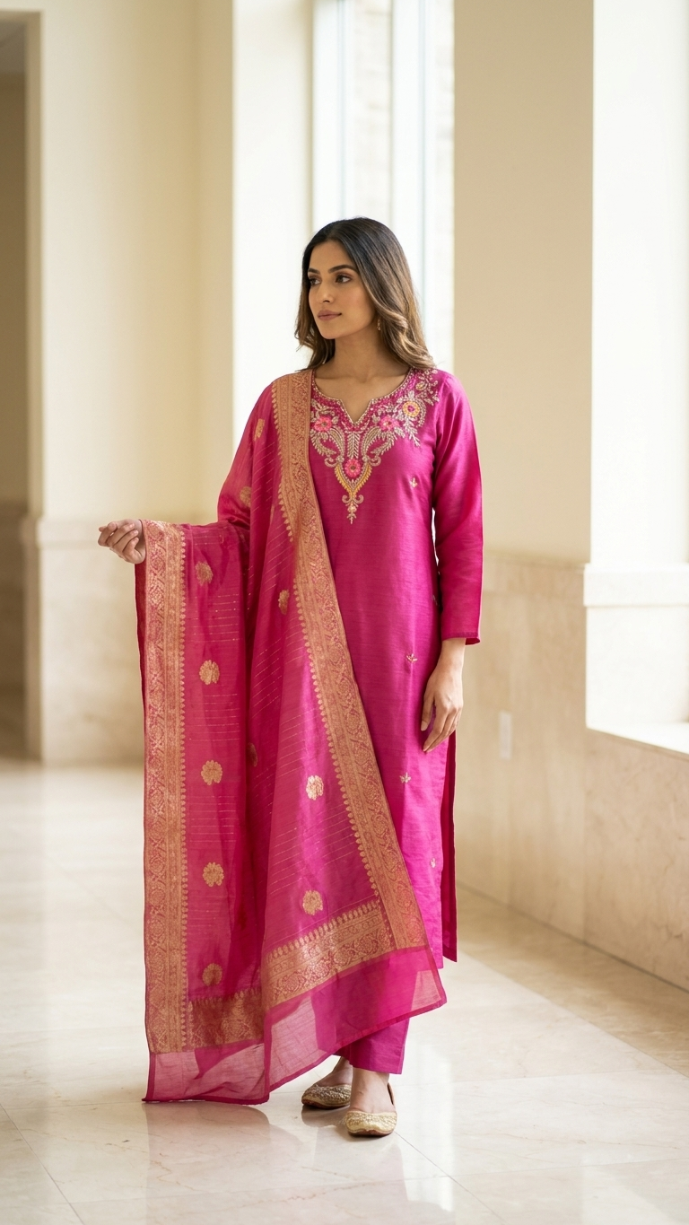Chinnon Silk Kurta Set with Banarasi Dupatta – 3 Piece Festive Ethnic Wear for Women