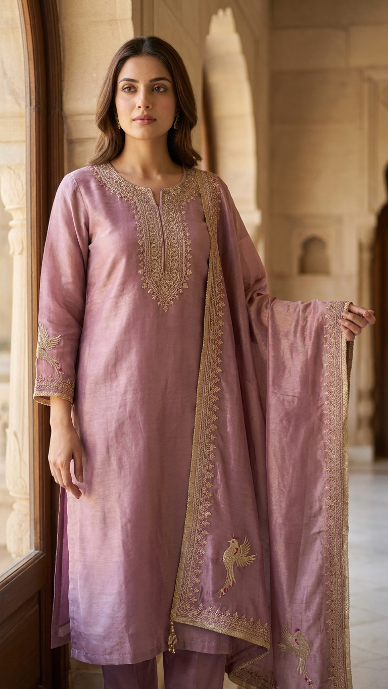Dusty Mauve Silk Blend Kurta Set for Women | 3-Piece Embroidered Indian Pakistani Suit with Dupatta | Festive & Wedding Wear