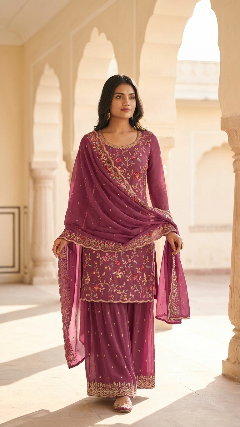 3-Piece Festive Sharara Set in Silk Blend/Georgette with Hand Embroidery