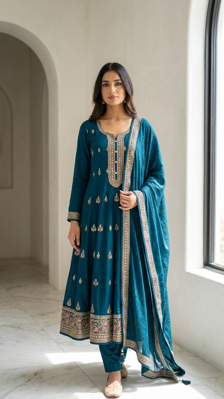Teal Blue Anarkali Suit Set for Women | Embroidered 3-Piece Ethnic Kurta Set with Dupatta | Indian Pakistani Festive Wear