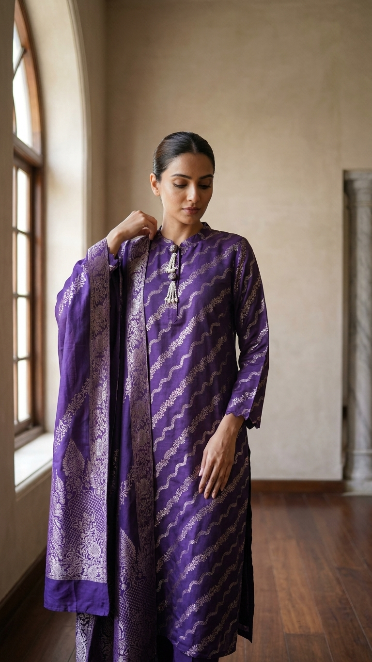 Ensemble 3 pièces en mélange de coton et de soie violet avec tissage doré