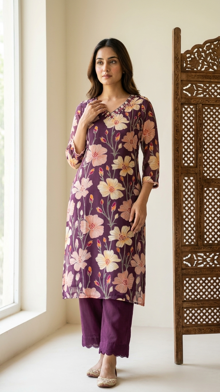 Ensemble coordonné floral violet avec pantalon palazzo
