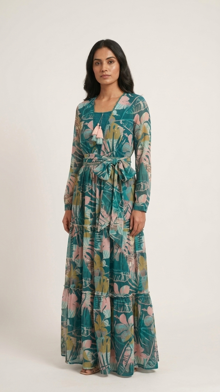 Robe ethnique en georgette 3 pièces avec broderie complexe