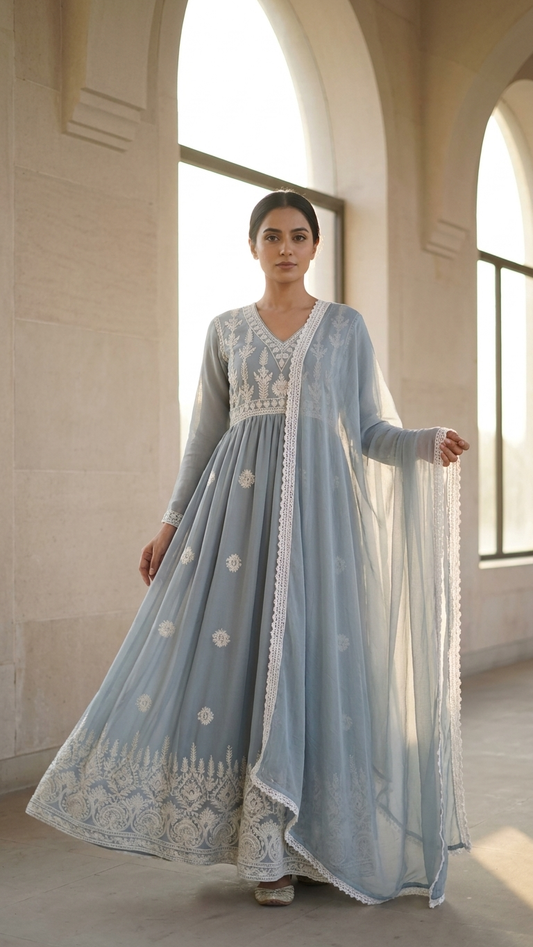 Dusty Blue Embroidered Anarkali Suit Set with Chiffon Dupatta | Pakistani Anarkali Dress for Women | Wedding, Eid & Festive Wear