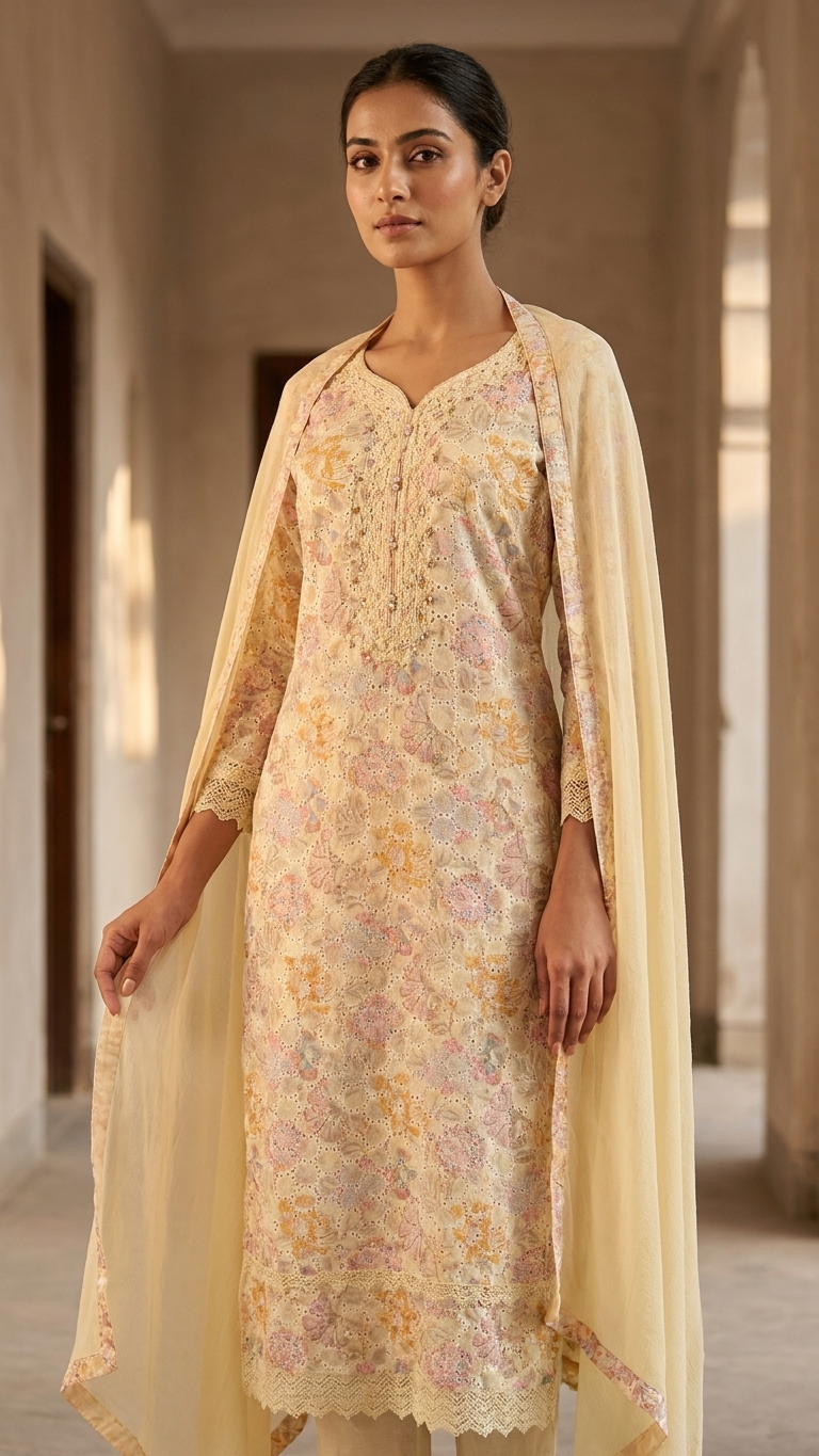 Cotton 3-Piece Suit in Lemon Yellow with Intricate Lace Work