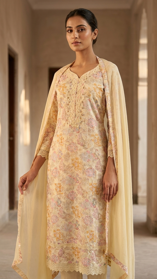 Cotton 3-Piece Suit in Lemon Yellow with Intricate Lace Work
