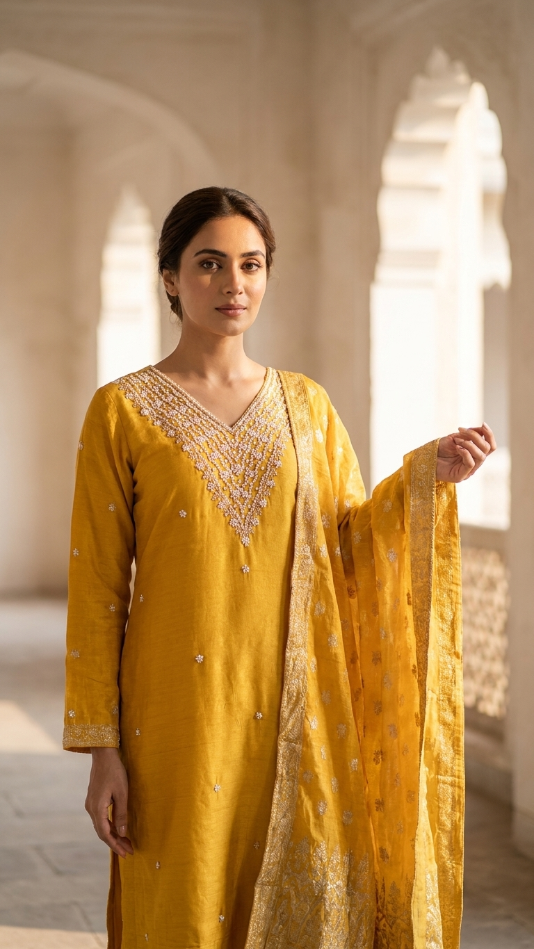 Costume 3 pièces Chinon Silk Dabka Work en jaune