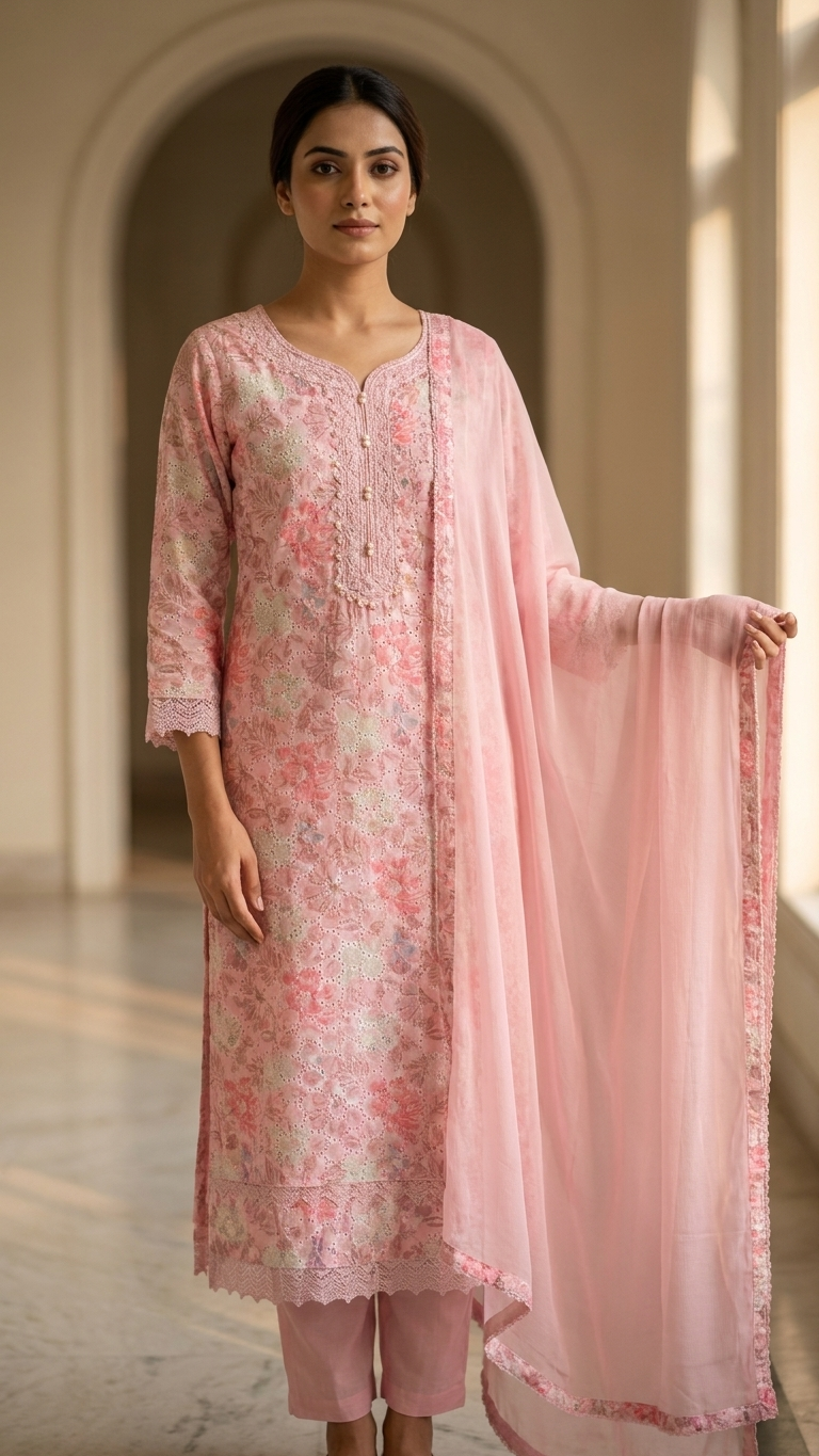 Cotton 3-Piece Suit in Subtle Pink with Intricate Lace Work