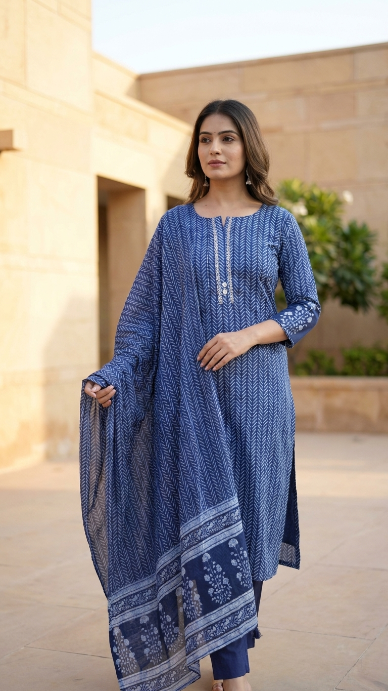 Élégant costume trois pièces en pur coton indigo