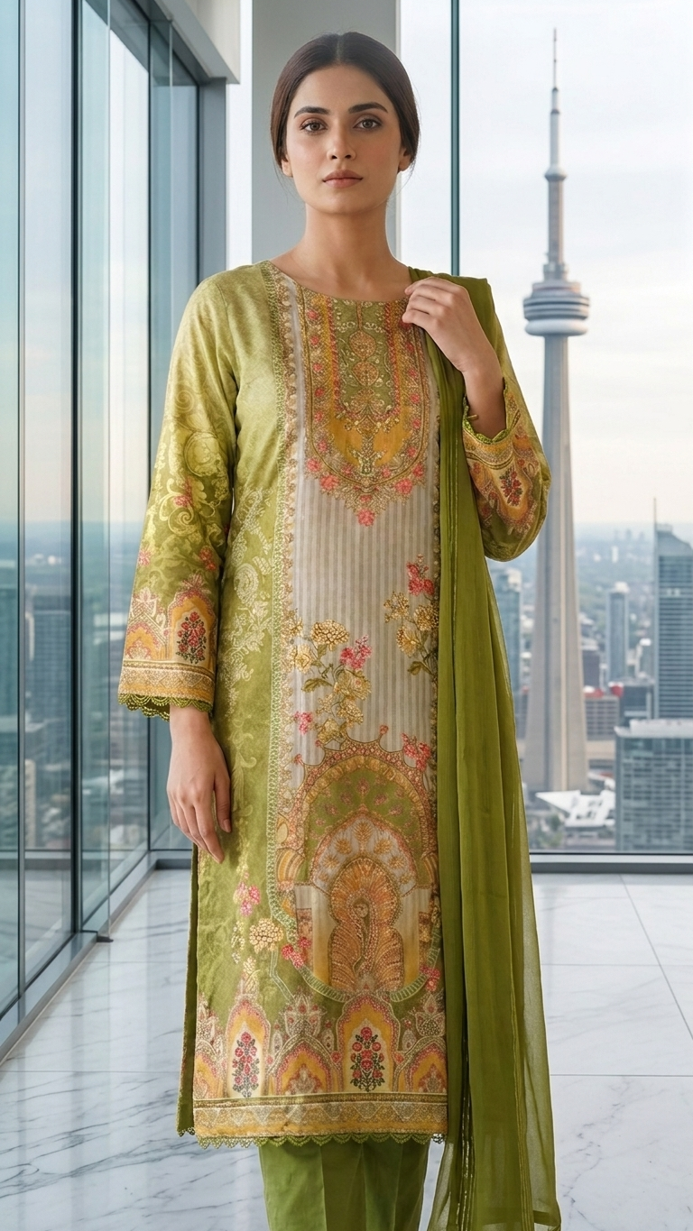 Chinon Silk 3-Piece Indian Suit with Sequins Dupatta