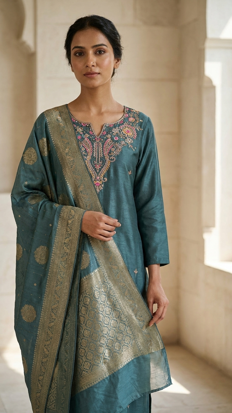 Chinnon Silk Kurta Set with Banarasi Dupatta – 3 Piece Festive Ethnic Wear for Women