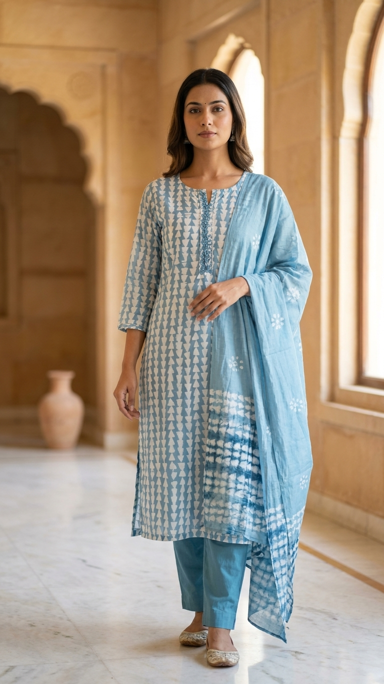 Batik Cotton Silk 3-Piece Kurta Set in Blue