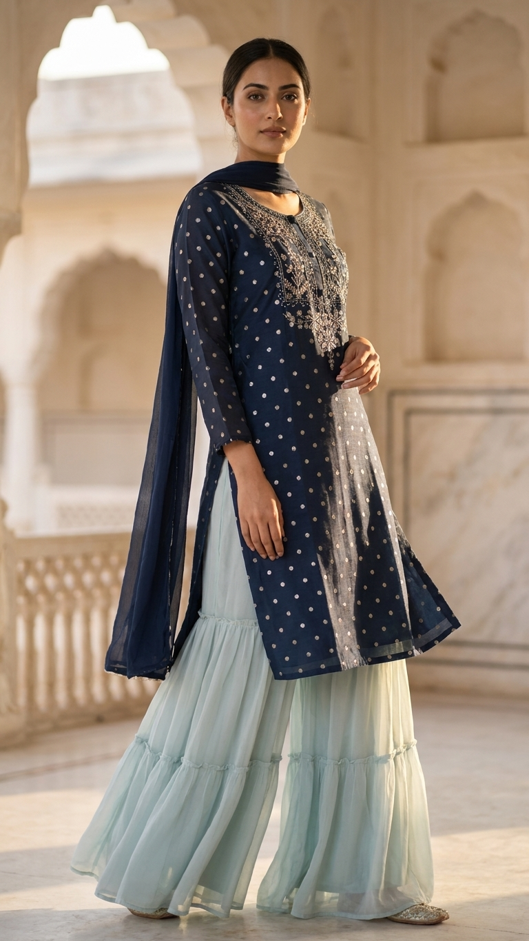 Ensemble Kurta en mélange de soie bleu nuit (3 pièces) avec tissage doré et travail de Zardosi et Sharara gris-bleu. Ce produit est également disponible en 3XL.