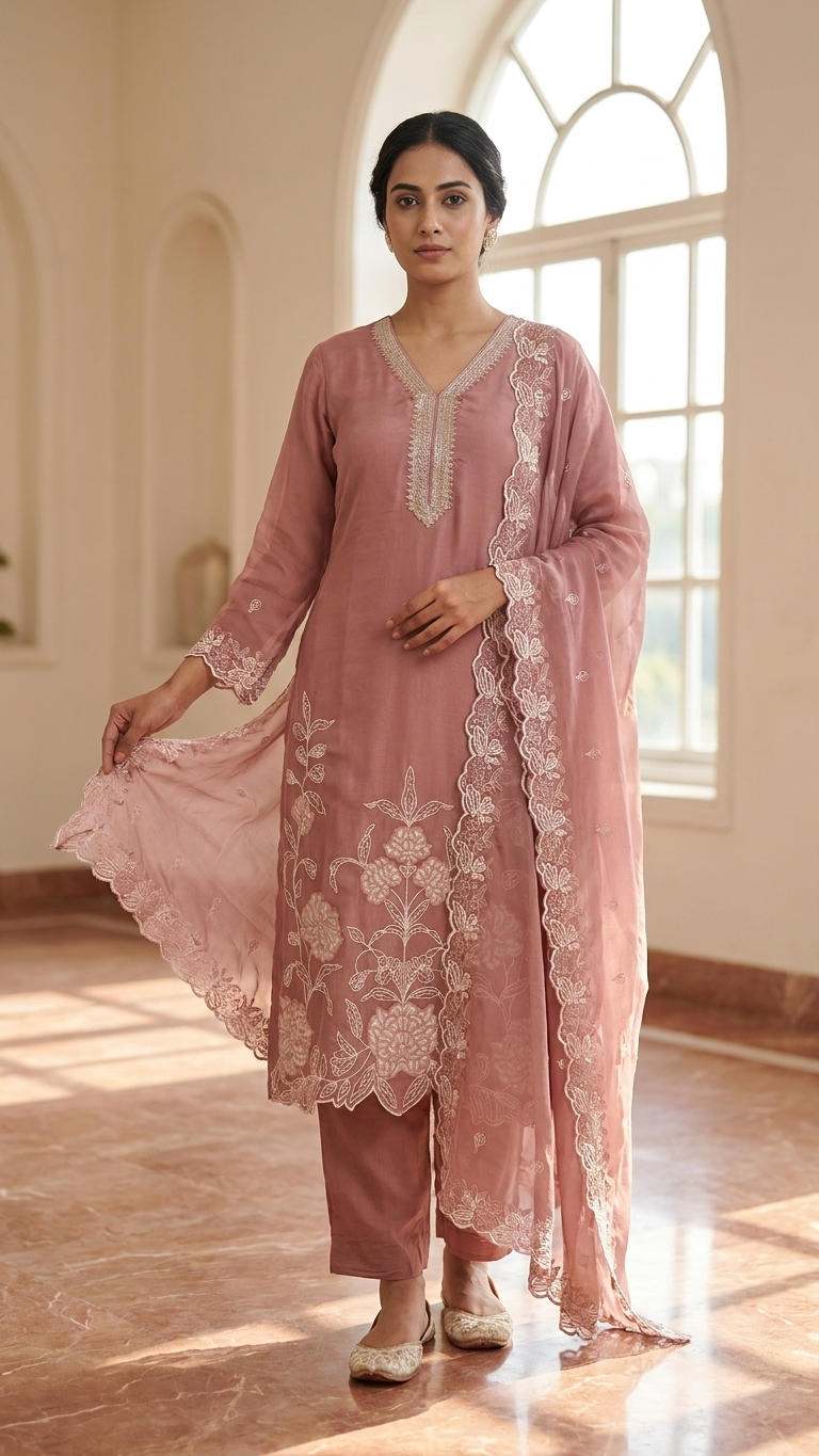 Women's Dusty Rose Embroidered 3-Piece Kurta Set with Dupatta | Elegant Pakistani Suit | Festive & Wedding Ethnic Wear