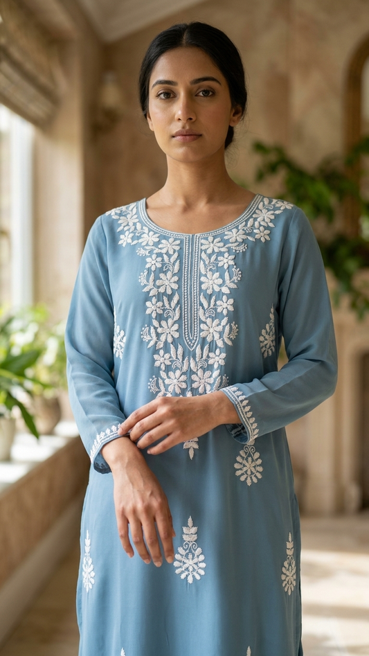 Kurti en rayonne Chikankari haut de gamme bleue avec broderie contrastée faite à la main