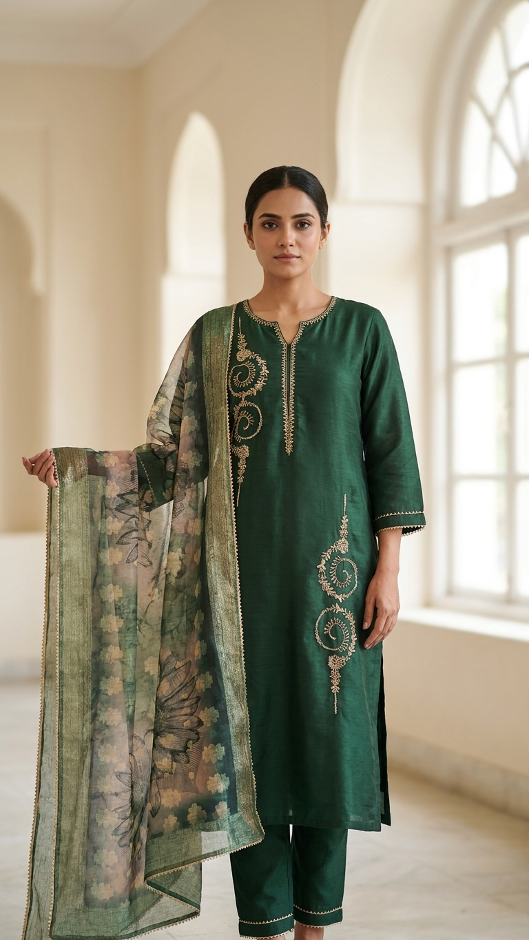 Silk Blend 3-Piece Suit in Green with Gold Tone Embroidery and Floral Tissue Dupatta