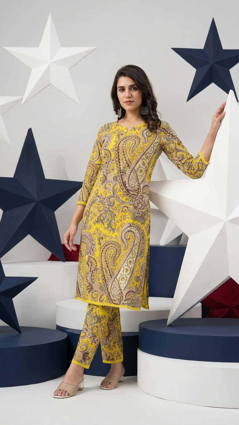 Mustard Yellow Paisley Print Kurta Set for Women | Bright Festive Ethnic Wear
