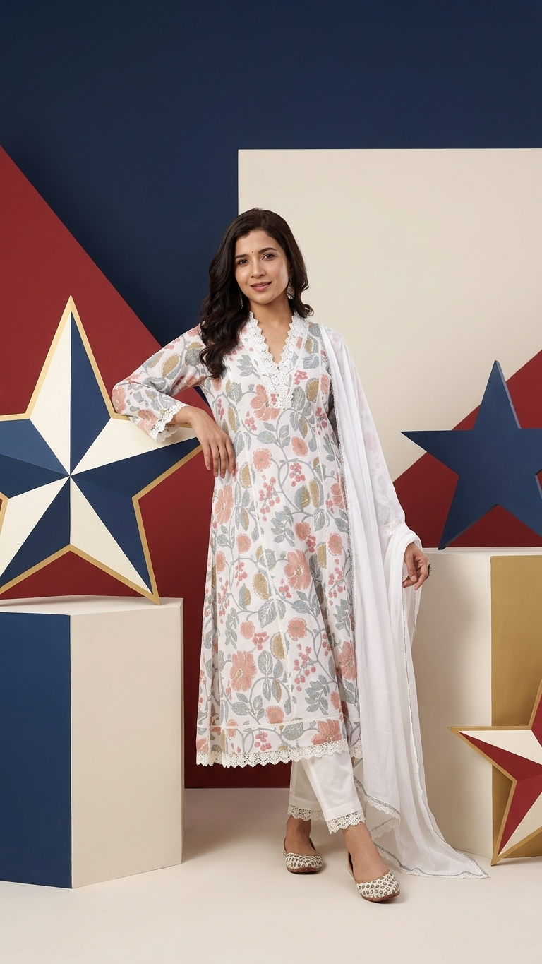 White Floral Cotton 3-Piece Kurta Set with Dupatta – Elegant Summer Ethnic Wear