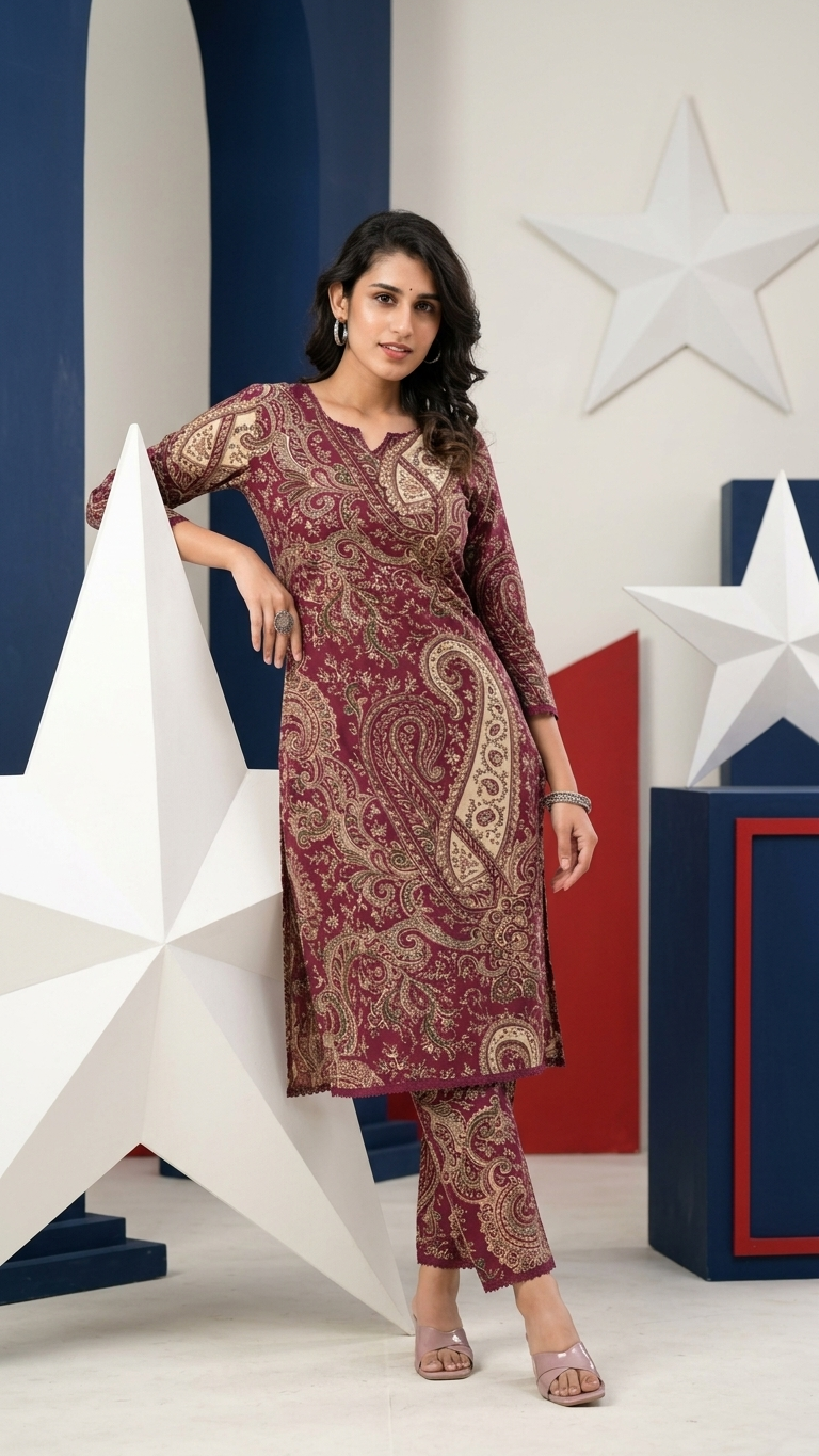 Maroon Paisley Print Kurta Set for Women | Traditional Ethnic Co-Ord Set