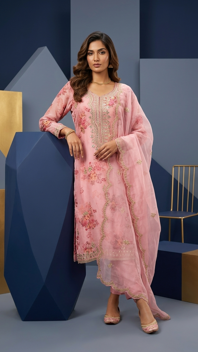 Ensemble 3 pièces en soie allemande couleur pêche avec motif floral et perles exquises – Tenue de fête élégante