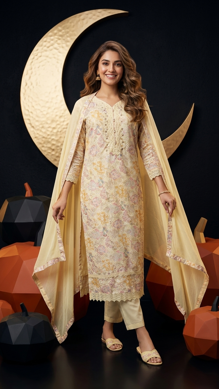 Cotton 3-Piece Suit in Lemon Yellow with Intricate Lace Work