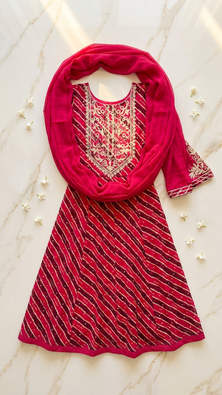 Magenta Leheriya Embroidered Anarkali Suit Set with Dupatta | Festive & Wedding Wear
