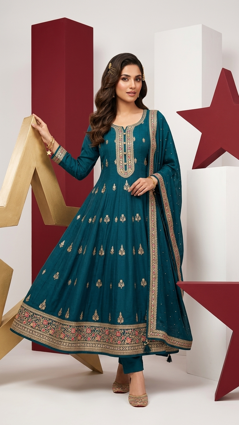 Teal Blue Anarkali Suit Set for Women | Embroidered 3-Piece Ethnic Kurta Set with Dupatta | Indian Pakistani Festive Wear