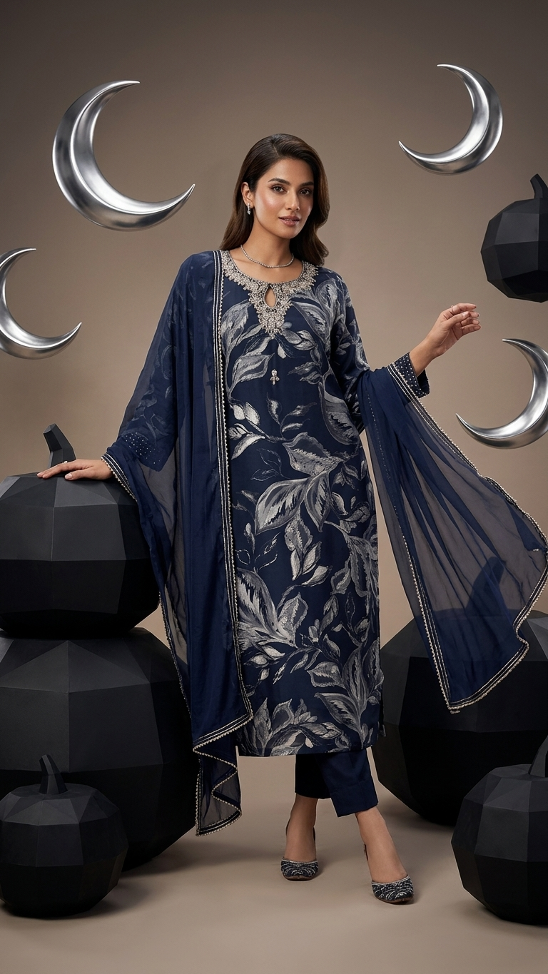 Costume 3 pièces en mélange de crêpe de coton noir avec broderie dabka sur l'empiècement du col